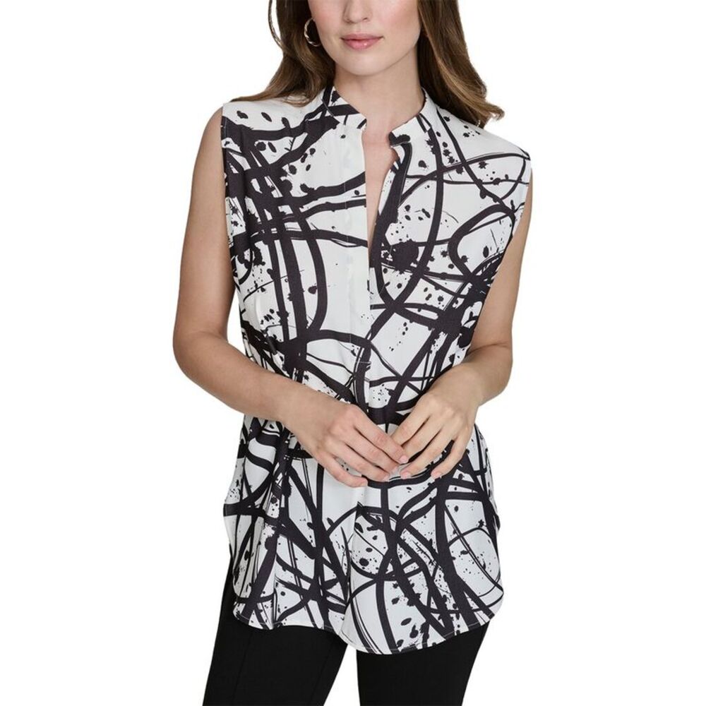 Halston Womens Printed V-Neck Top, Black